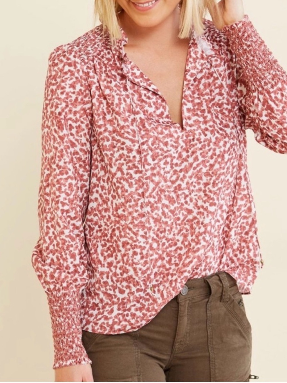 Marie Oliver‎ Kate Smocked Blouse Women’s Size Small Spotted Print Rose Cream